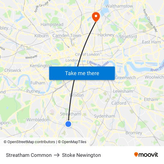 Streatham Common to Stoke Newington map