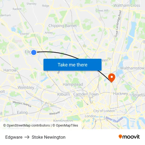 Edgware to Stoke Newington map