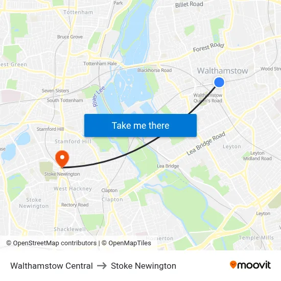 Walthamstow Central to Stoke Newington map