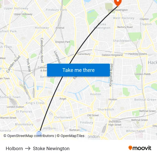 Holborn to Stoke Newington map