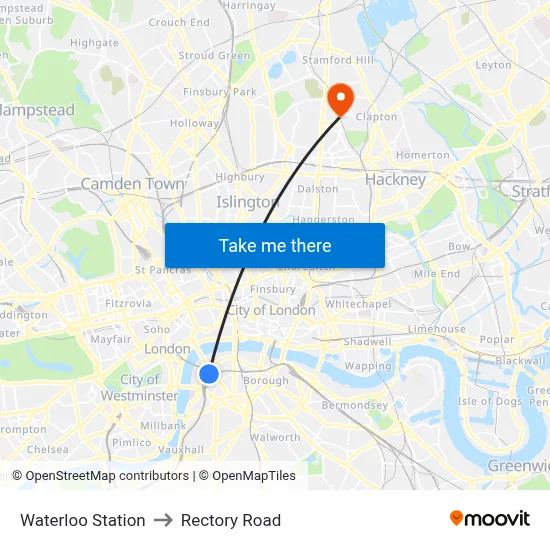 Waterloo Station to Rectory Road map