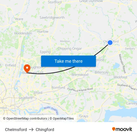 Chelmsford to Chingford map