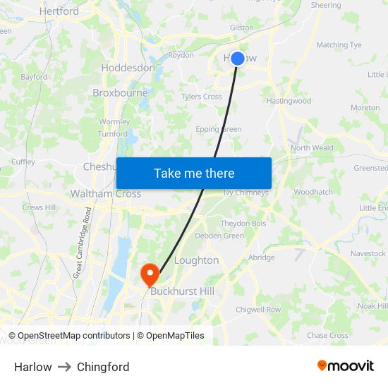 Harlow to Chingford map