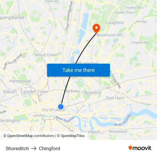 Shoreditch to Chingford map