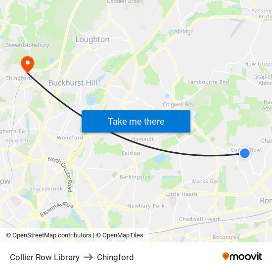 Collier Row Library to Chingford map