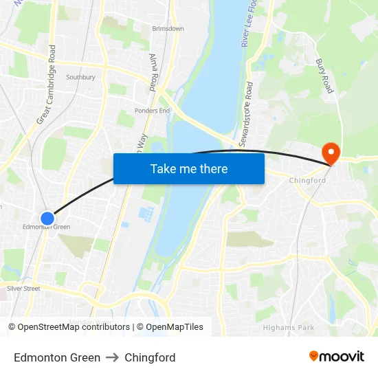 Edmonton Green to Chingford map