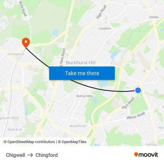 Chigwell to Chingford map