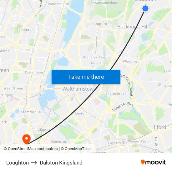 Loughton to Dalston Kingsland map