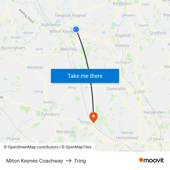Miton Keynes Coachway to Tring map