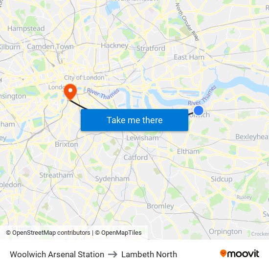 Woolwich Arsenal Station to Lambeth North map