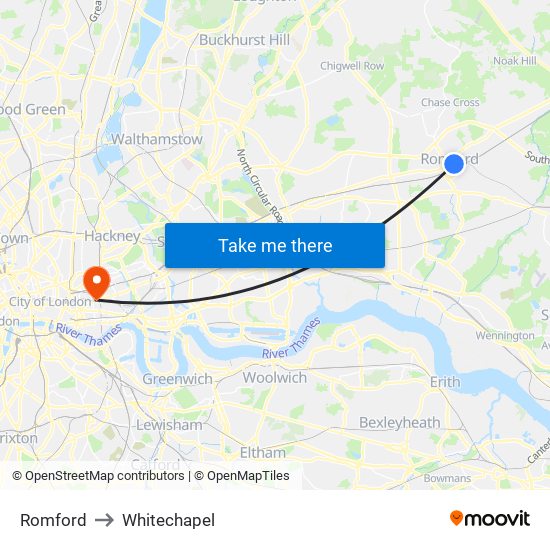 Romford to Whitechapel map