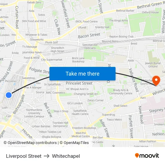 Liverpool Street to Whitechapel map