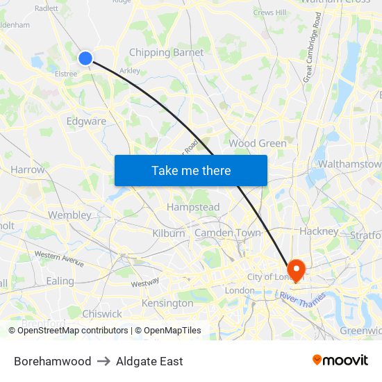 Borehamwood to Aldgate East map