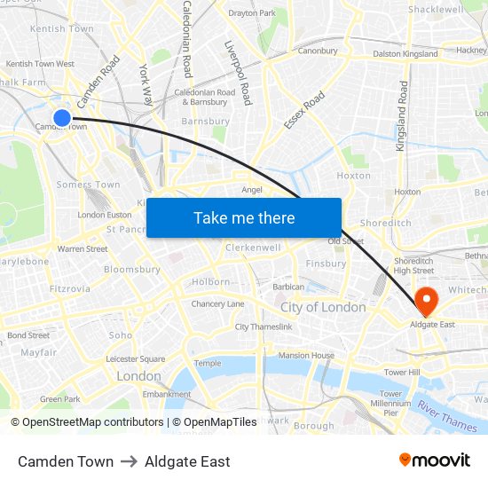 Camden Town to Aldgate East map