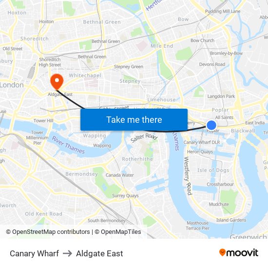 Canary Wharf to Aldgate East map