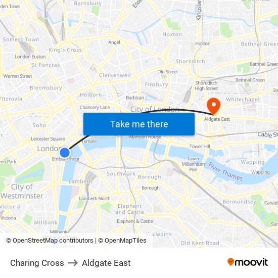 Charing Cross to Aldgate East map