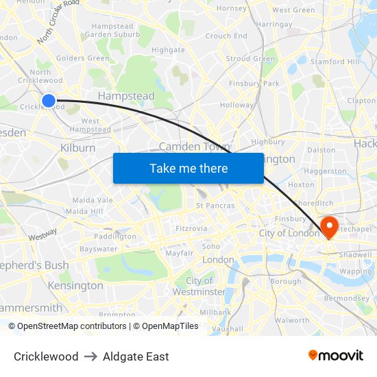 Cricklewood to Aldgate East map