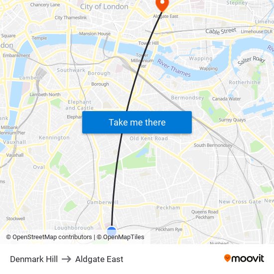 Denmark Hill to Aldgate East map