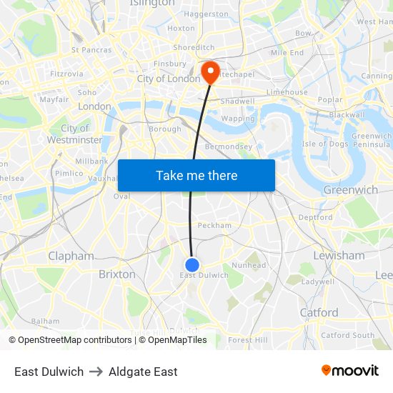 East Dulwich to Aldgate East map