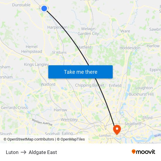 Luton to Aldgate East map