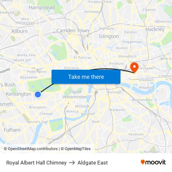 Royal Albert Hall Chimney to Aldgate East map