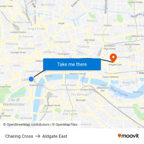 Charing Cross to Aldgate East map