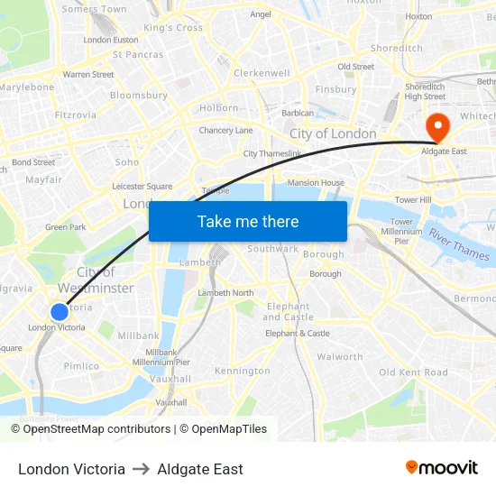 London Victoria to Aldgate East map