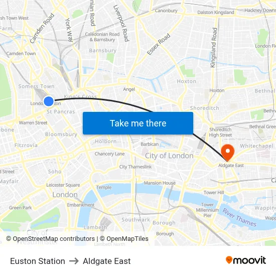 Euston Station to Aldgate East map