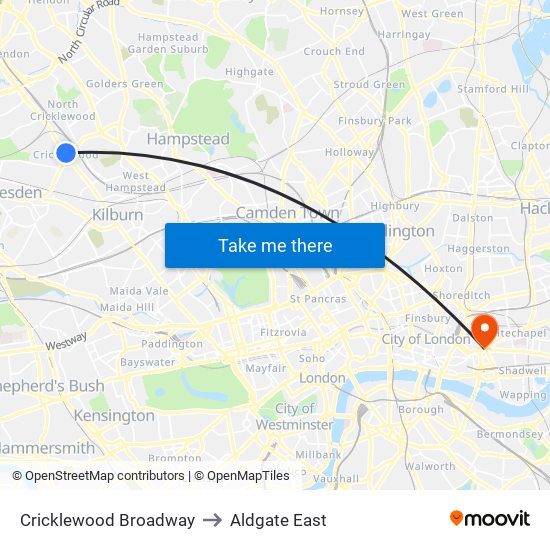 Cricklewood Broadway to Aldgate East map