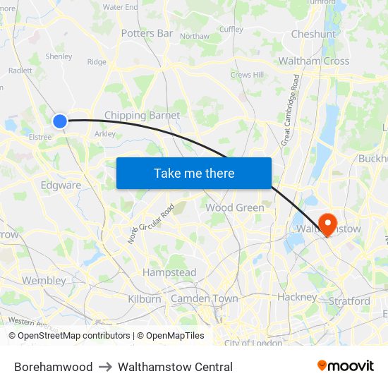 Borehamwood to Walthamstow Central map