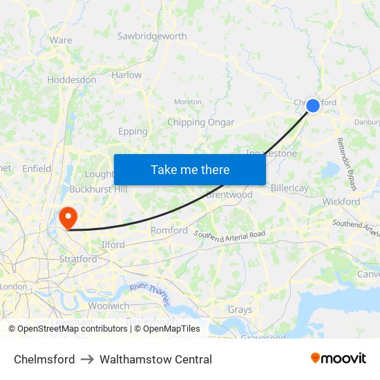 Chelmsford to Walthamstow Central map