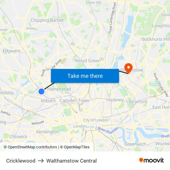 Cricklewood to Walthamstow Central map