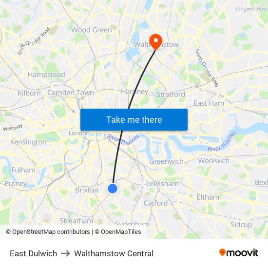 East Dulwich to Walthamstow Central map