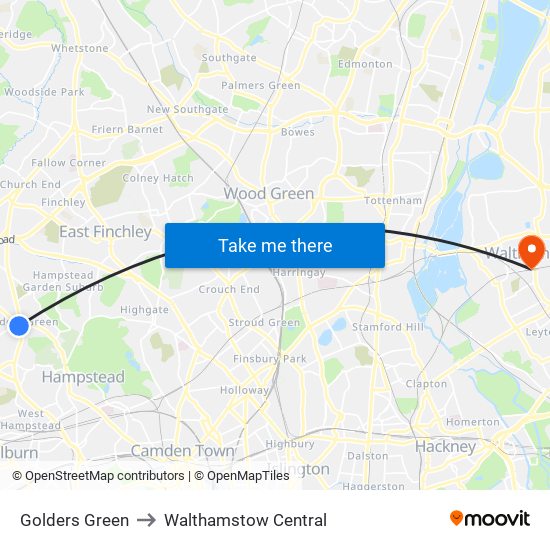 Golders Green to Walthamstow Central map