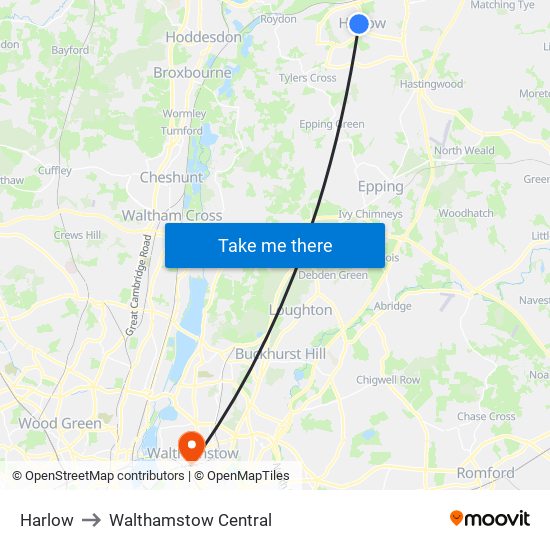 Harlow to Walthamstow Central map