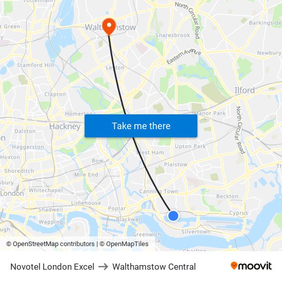 Novotel London Excel to Walthamstow Central map