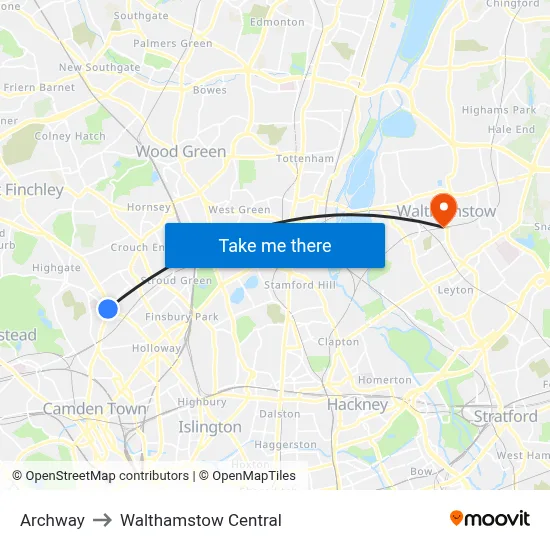 Archway to Walthamstow Central map