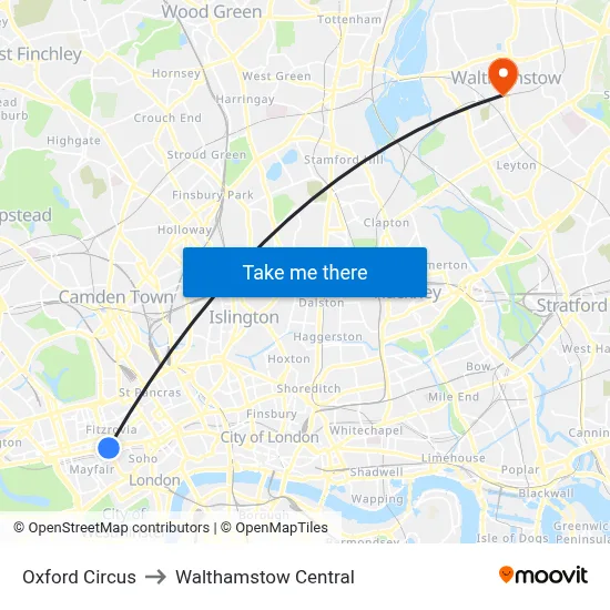 Oxford Circus to Walthamstow Central map