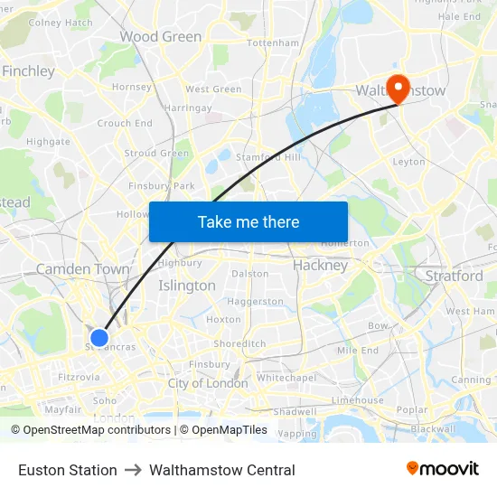 Euston Station to Walthamstow Central map