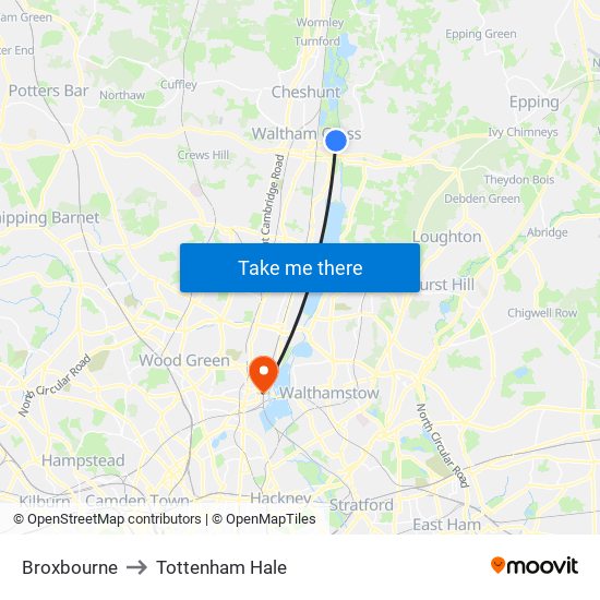 Broxbourne to Tottenham Hale map