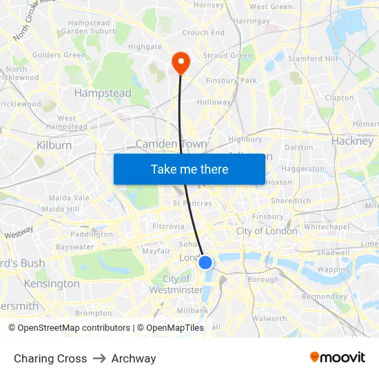 Charing Cross to Archway map