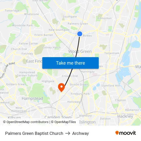Palmers Green Baptist Church to Archway map