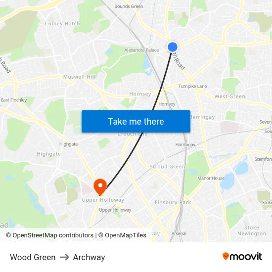 Wood Green to Archway map