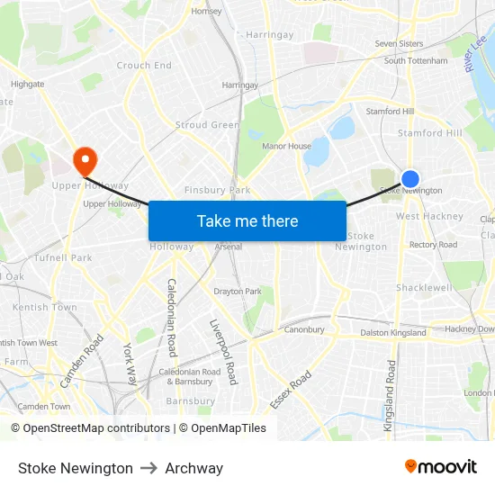 Stoke Newington to Archway map