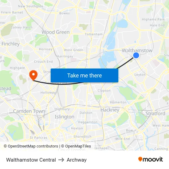 Walthamstow Central to Archway map