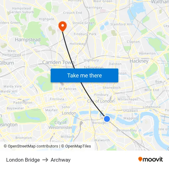 London Bridge to Archway map