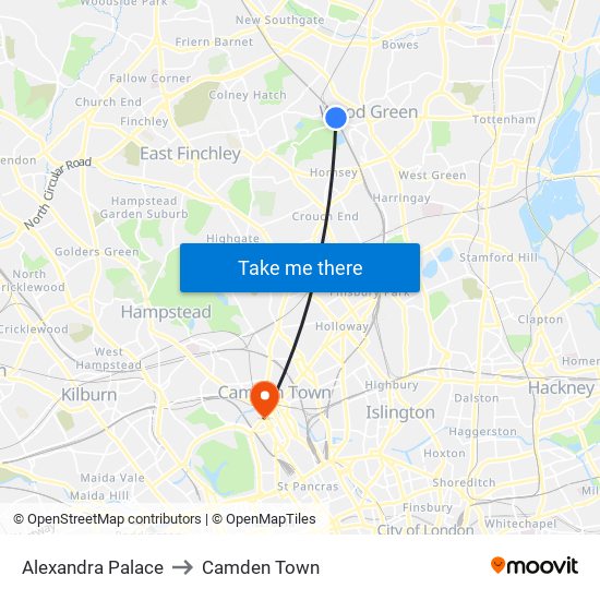 Alexandra Palace to Camden Town map