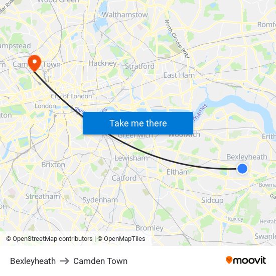 Bexleyheath to Camden Town map