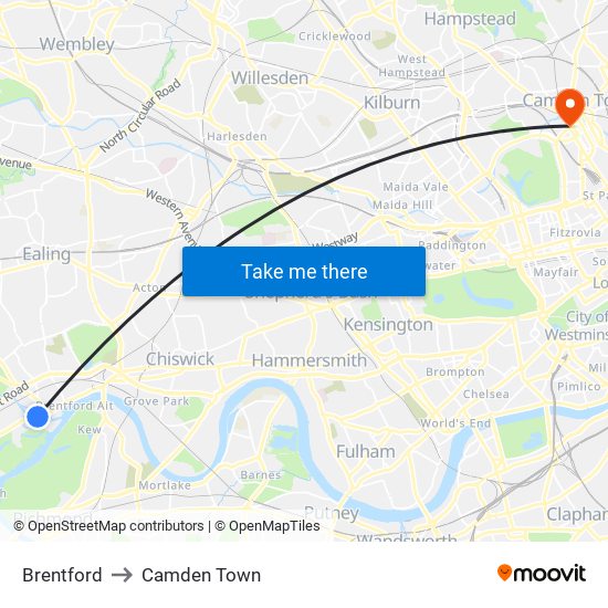 Brentford to Camden Town map