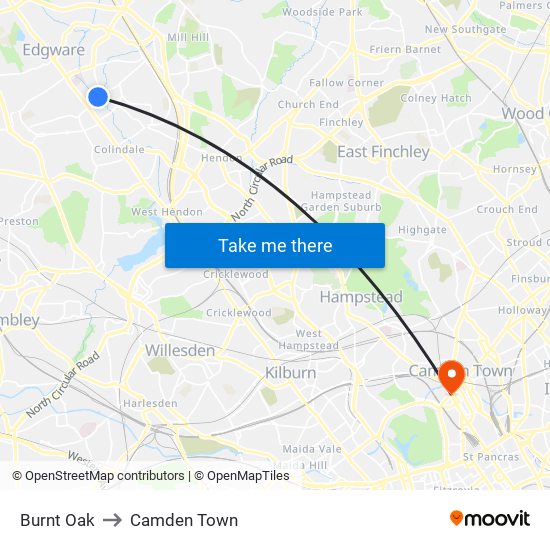 Burnt Oak to Camden Town map